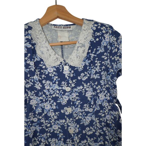 Jazz Kids Blue Floral Lace Collar Button Front Romper Girls Size 8 - Picture 4 of 7